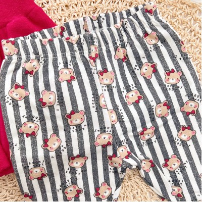 Conj. Casaco em Fleece com Capuz e Legging Listrada Ursinhas - Vermelho